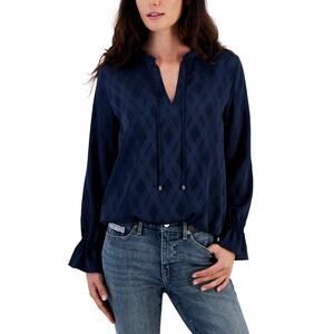 Tommy Hilfiger Women's Tonal Argyle Ruffled-Cuff Top XXL Sky Captain NWT
